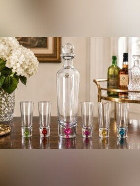 Vintage Block Crystal Glass Decanter Set Colorful Accents 5 cordial shot glasses